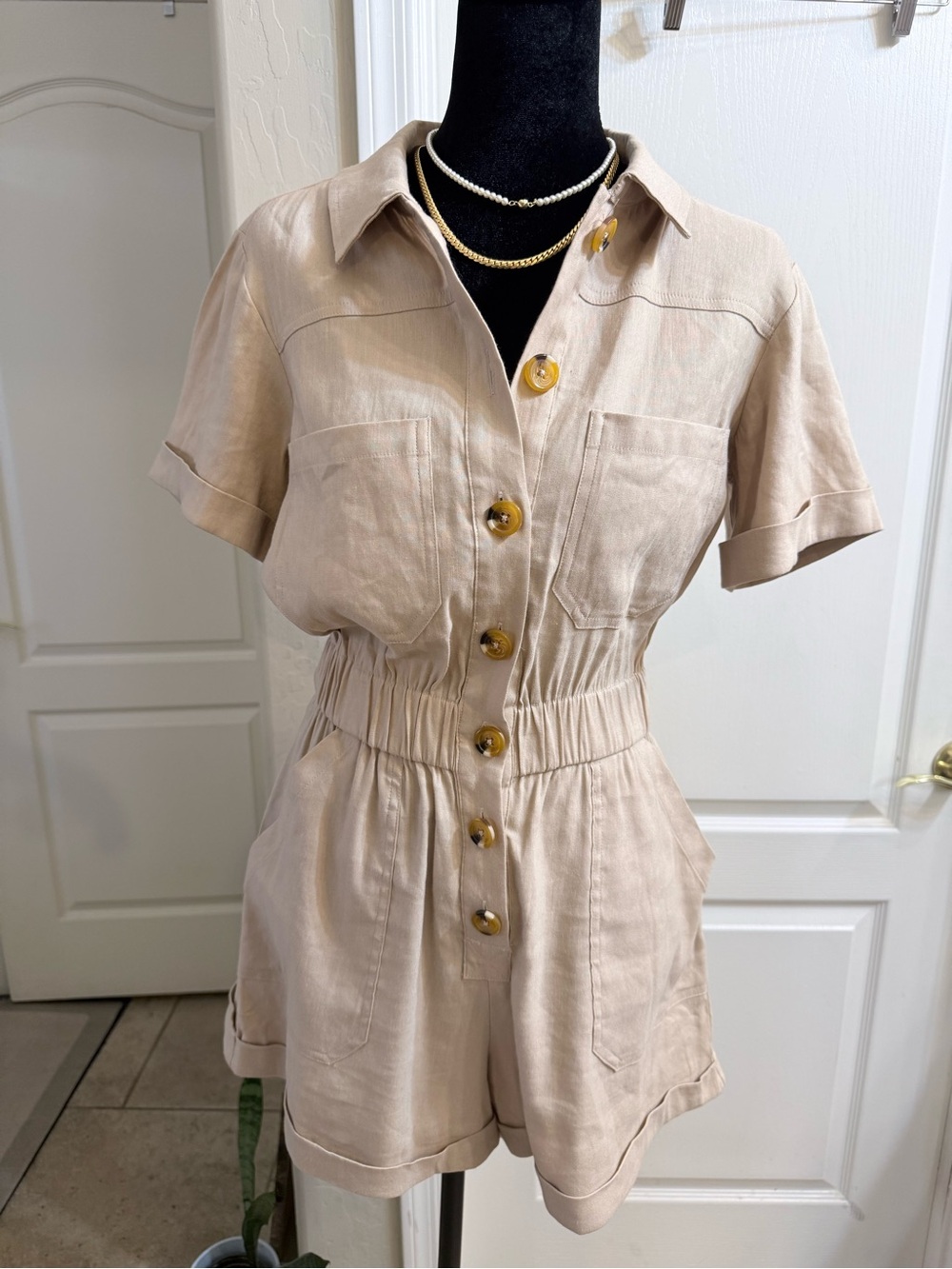 Gianni Bini Linen Blend Utility Romper  Neutral Beige Short-Sleeve Size S
